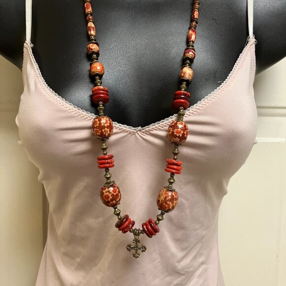 Jasper and Red Stone + Wood Beaded 31 inch Necklace Brand New - Picture 1 of 9